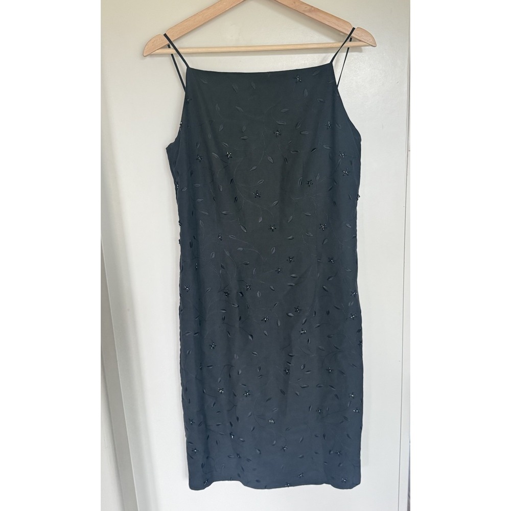 Y2K Fairy Black Silk Linen Slip Dress Bead Embellishments Cocktail Wedding Party